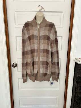 Tasso Elba Women's Full Zip Sweater Brown Gingham Cozy Preppy NWT US Size XL